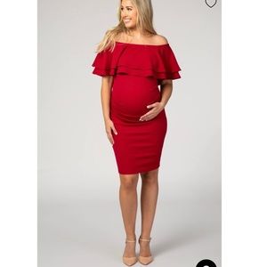 Red Ruffle Off Shoulder Ruched Maternity Dress♥️